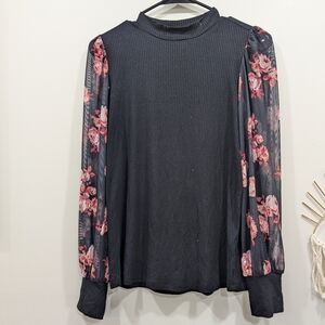 Maurices Black Top with Pink Floral Sleeves